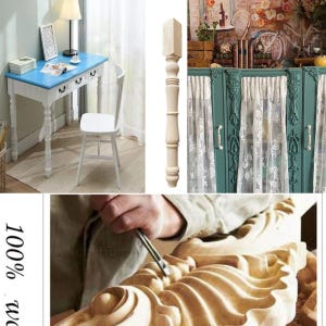 May include: A composite image showing a white wooden desk with a blue top, a single turned wooden furniture leg, a teal cabinet with lace curtains, and a close-up of a hand using a chisel to carve intricate floral patterns into light wood.