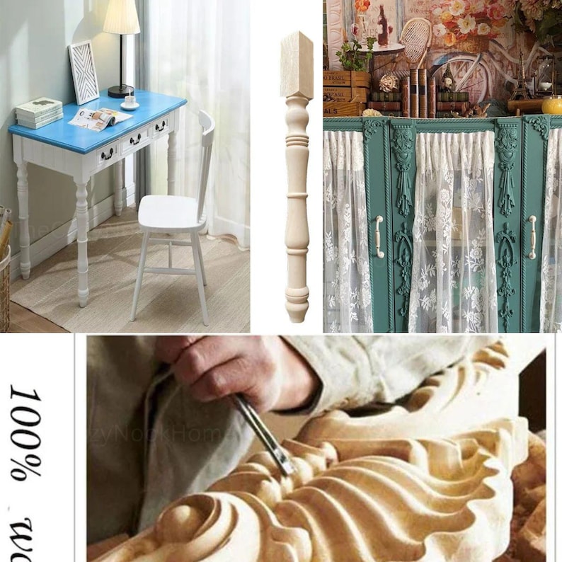 May include: A composite image showing a white wooden desk with a blue top, a single turned wooden furniture leg, a teal cabinet with lace curtains, and a close-up of a hand using a chisel to carve intricate floral patterns into light wood.