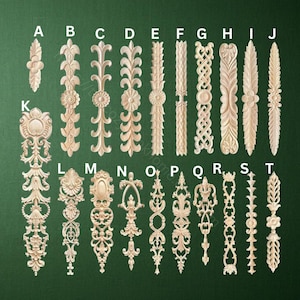 May include: Twenty intricately carved wooden decorative elements, each with a unique design. The carvings feature floral, scroll, and geometric patterns, ideal for adding detail to furniture or architectural projects. The elements are displayed against a dark green background.