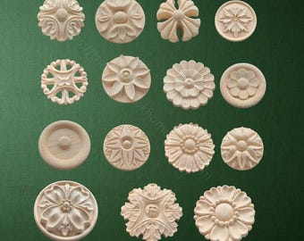 Rosettes Applique Onlay, Floral Wood Carved Appliques  - Unpainted Wood Carved Applique Onlay