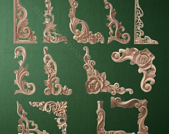 Aplique de esquina de madera / Adorno floral sin pintar para muebles, molduras de pared, decoración para muebles, camas, puertas y armarios.