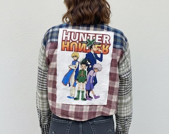 Herwerkte Hunter x Hunter patch crop top | Geüpcycled flanellen patchwork shirt | Anime-streetwear | Unieke duurzame mode