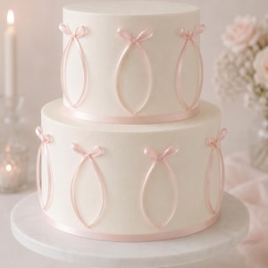 Könnte beinhalten: Eine zweistöckige Torte mit glattem, cremeweißem Zuckerguss, verziert mit dünnen, hellrosa Bandschleifen in einem sich wiederholenden Muster. Jede Ebene hat ein horizontales rosa Band an der Basis, mit kleinen rosa Schleifen an den Schlaufen.