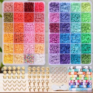 May include: Two plastic organisers filled with colourful polymer clay beads in shades of red, orange, pink, and purple. Gold-coloured star charms, clasps, and bracelets are also included.