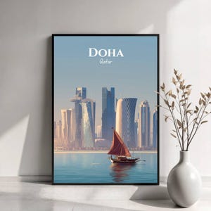 Póster de viaje a Doha / Impresión de viaje a Doha, Qatar / Póster de rascacielos de Qatar / Vista del mar de Qatar / Barcos y costa de Doha