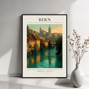 Bern reseaffisch | Bern Schweiz väggkonst | Historisk stadstryck | Bern illustration | Reseaffischkonst