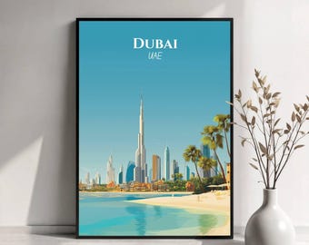 ドバイ旅行ポスター | ドバイUAEウォールアート | ドバイスカイラインプリント | アラブ首長国連邦イラスト | 旅行ポスターアート | 旅行ギフト
