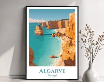 Plakat z podróży do Algarve | Sztuka ścienna Algarve w Portugalii | Wydruk z portugalskiego wybrzeża | Ilustracja z Algarve | Plakat z podróży