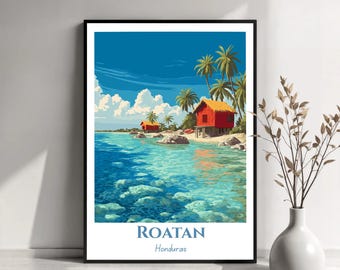 Póster de viaje de Roatán, Honduras / Lámina de isla tropical / Decoración de pared / Ilustración de viaje / Regalo para amantes de los viajes