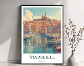 Marseille Reiseposter | Marseille Frankreich Wandkunst | Mittelmeer-Hafen-Druck | Marseille Illustration | Reise Poster Art