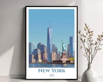 New York Travel Poster | New York USA Wall Art | Manhattan Skyline Print | New York Illustration | Travel Poster Art | Travel Gift