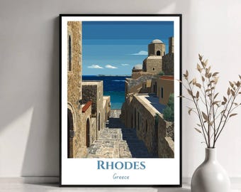 Plakat z podróży do Rodos | Sztuka ścienna Rodos w Grecji | Wydruk z greckiej wyspy | Ilustracja z Rodos | Plakat podróżniczy