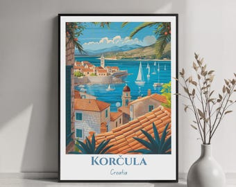 Korcula Croatia Travel Poster, Adriatic Island Wall Art, Vintage Style Print
