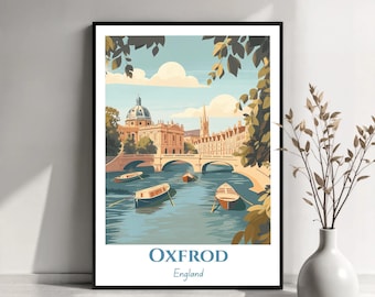 Póster de viaje de Oxford / Arte mural de Oxford, Inglaterra / Impresión de la histórica ciudad universitaria / Ilustración de Oxford / Póster de viaje / Regalo de viaje