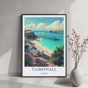 Plakat podróżniczy Kornwalia Anglia, grafika ścienna z motywem nadmorskim, ilustracja nadmorskiej wioski, prezent dla Wielkiej Brytanii