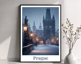 Póster de viaje de Praga en invierno / Arte mural de Praga, República Checa / Lámina del casco antiguo en invierno / Ilustración de Praga / Póster de viaje