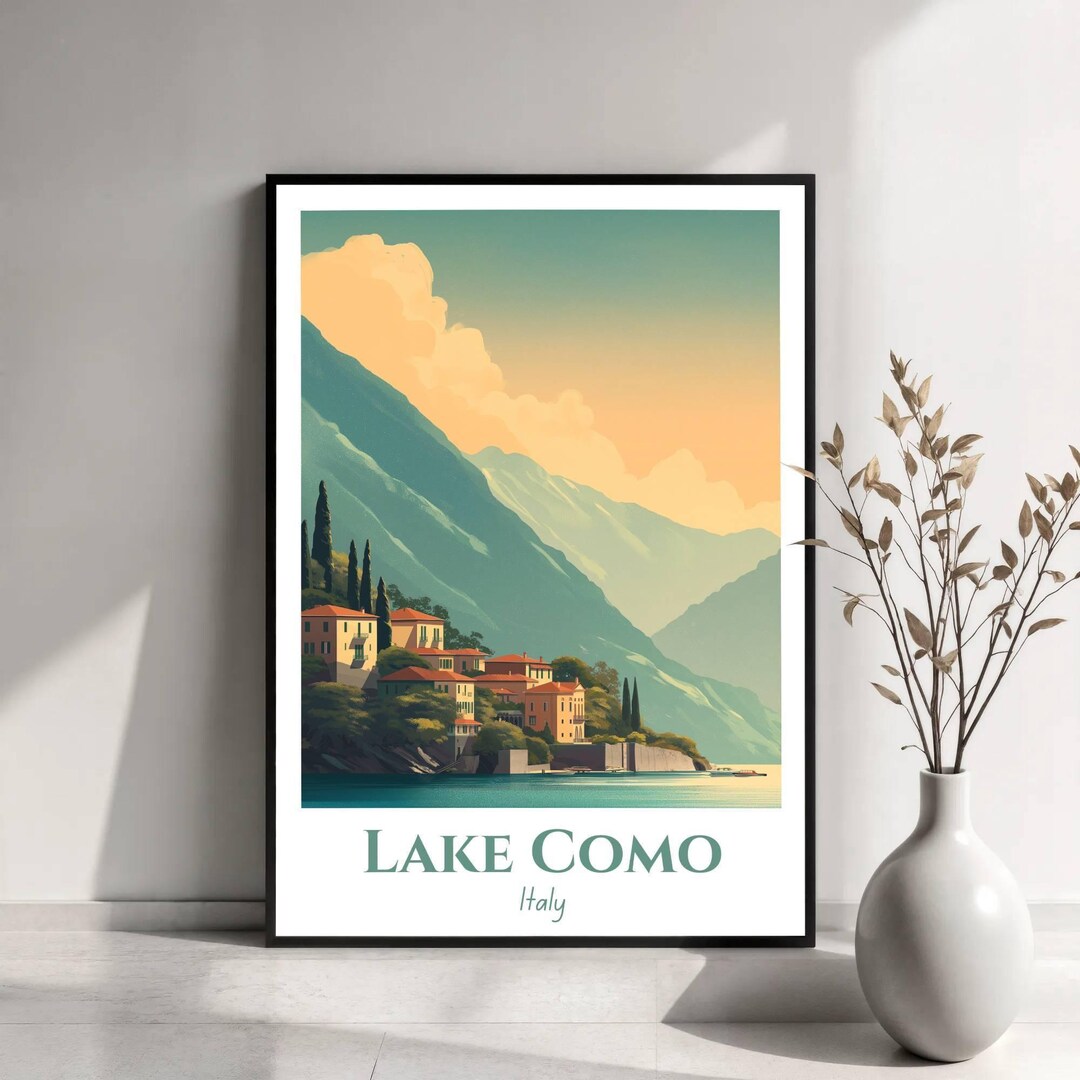 Lake Como Wall Art Illustrated Poster: Italian Lakeside Village Scene ...