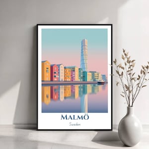 Póster de viaje de Malmö / Arte mural de Malmö, Suecia / Impresión de ciudad escandinava / Ilustración de Malmö / Póster de viaje / Regalo de viaje