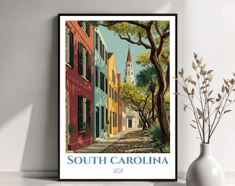 Reisposter South Carolina | Muurkunst South Carolina, VS | Palmetto-staatsprint | Illustratie South Carolina | Reisposterkunst