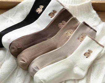 Teddy Bear Embroidered Ribbed Socks - Neutral Cozy Crew Set