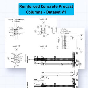 以下が含まれることがあります： 「Reinforced Concrete Precast Columns - Dataset V1」と題された、鉄筋コンクリートプレキャスト柱の技術図面。図には断面図と詳細図が含まれており、注釈と寸法が記載されています。PN Engineering Datasetsのロゴが下にあります。