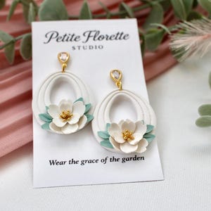 Floral Teardrop Hoop Earrings • White floral Statement • Polymer Clay •