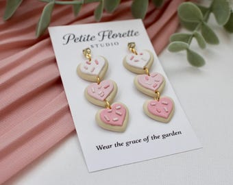Heart Cookie Earrings – Pink, white, & Red Sprinkle Polymer Clay Dangles | Petite Florette