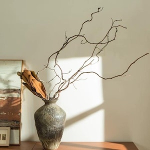 May include: A dark gray, textured ceramic vase with a bulbous body and a narrow neck. The vase contains a cluster of dried, brown magnolia leaves and several long, thin, winding bare branches that extend upward and outward in a natural pattern.