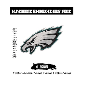 May include: A machine embroidery file featuring a silver and teal eagle head design. The image includes the text "MACHINE EMBROIDERY FILE" and lists various file formats. Available in 6 sizes, ranging from 2 to 7 inches.