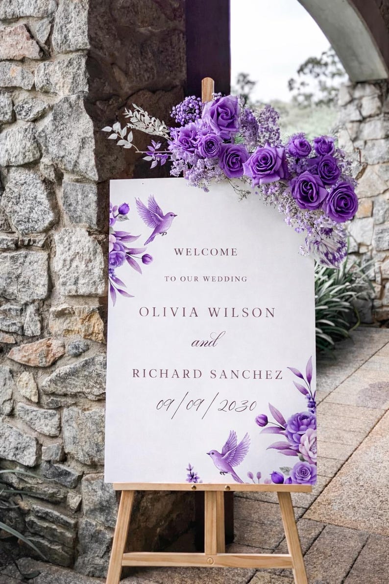 Editable Purple Floral Wedding Welcome Sign Template | Digital Romantic ...