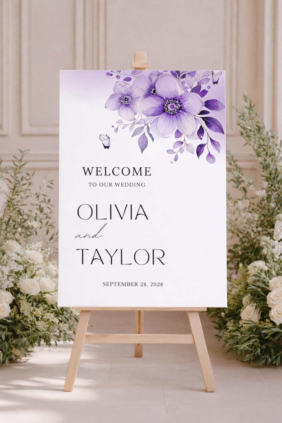Purple Floral Wedding Welcome Sign | Elegant Canva Template (digital ...