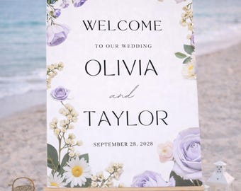 Editable Purple Floral Wedding Welcome Sign Template | Digital Romantic ...