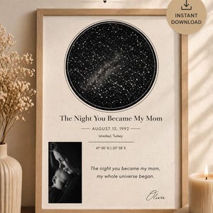 May include: A framed print with a custom star map, featuring a black and white celestial design. The text reads "The Night You Became My Mom" with a date and location. Includes a small black and white photo and the words "Instant Download".