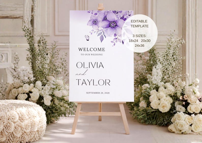 Purple Floral Wedding Welcome Sign | Elegant Canva Template (digital ...