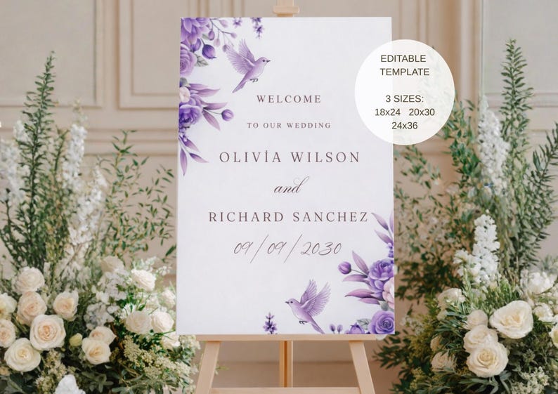 Editable Purple Floral Wedding Welcome Sign Template | Digital Romantic ...