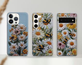 Floral Embroidery Phone Case with Bees, Botanical Art Design, Spring Flower Cover