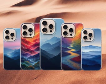 Cover per telefono con paesaggio montano e colline al tramonto dai colori vivaci.