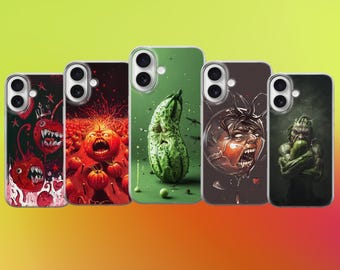 Capa de celular surreal em formato de vegetais, com arte maluca de tomate e pepino.