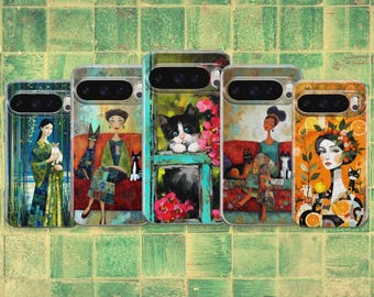 Colorful Art Phone Case, Woman and Cat Design, Painted Style iPhone Samsung Pixel Cover