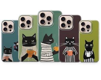 Retro Black Cat Phone Case – Minimalist Illustration, TPU Gel Cover Protection