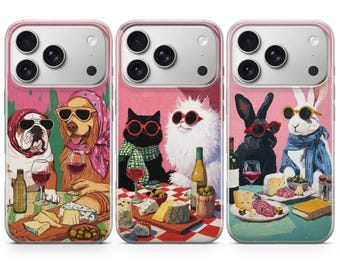 Cat, Dog, Bunny Painting Phone Case, Wine & Animal Art TPU Gel Cover