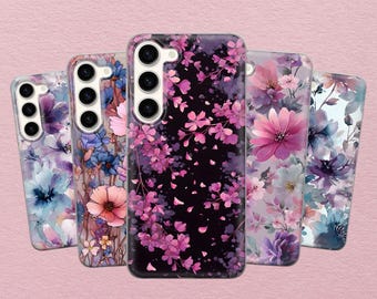 Cover per telefono floreale: fiori rosa e viola, cover botanica primaverile