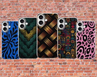 Cover per telefono con motivo astratto viola e nero, stampa geometrica tribale, design grafico audace.