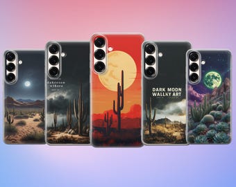 Desert Cactus Phone Case, Moon Landscape Cover, Western Night Sky Design