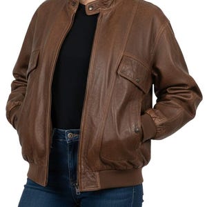 Women's Genuine Leather Bomber Jacket | Brown Vintage Style