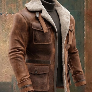 Men’s Brown Shearling Leather Coat | Vintage Style Leather Long Coat | Genuine Leather Winter Jacket