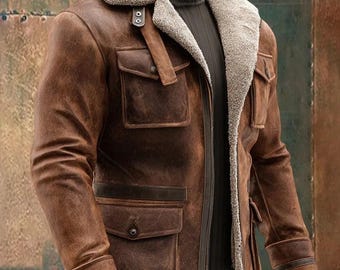 Abrigo de piel de oveja marrón para hombre / Abrigo largo de piel estilo vintage / Chaqueta de invierno de piel auténtica