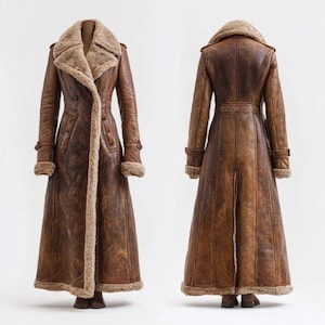Handmade Brown Shearling Leather Coat Women's Winter Trench