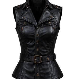 May include: Black faux leather vest with a collared neckline, shoulder epaulets, and a belted waist. The vest features multiple pockets, decorative buttons, and a tailored fit. A stylish outerwear piece.