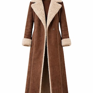 Long Brown Faux Shearling Coat Suede Winter Trench